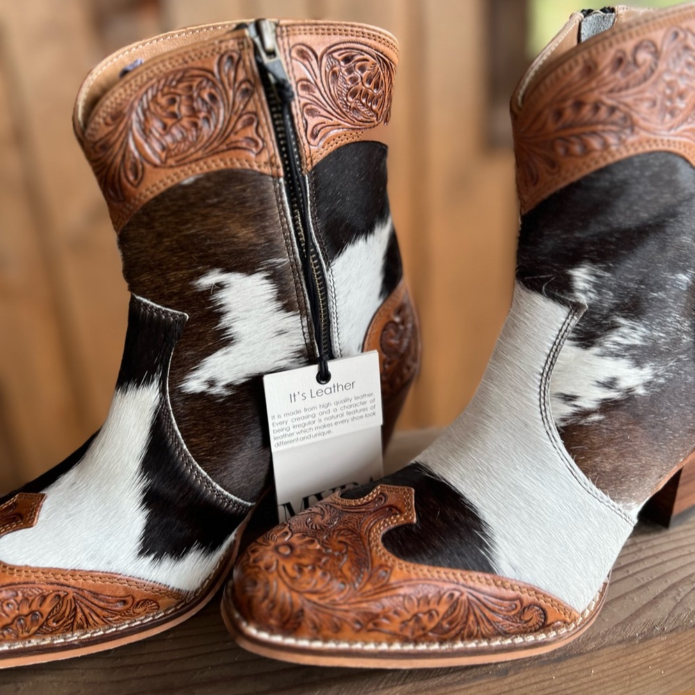 💯Hand Tooled Leather Genuine Cowhide Women Bootie Boot Boho Western Shoe ankle - Picture 16 of 16